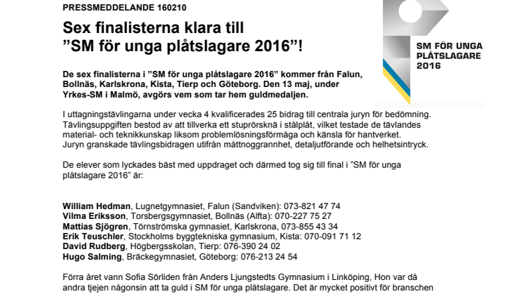 Sex finalisterna klara till ”SM för unga plåtslagare 2016”!