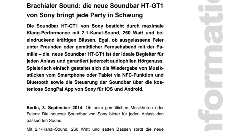 Brachialer Sound: die neue Soundbar HT-GT1 von Sony bringt jede Party in Schwung