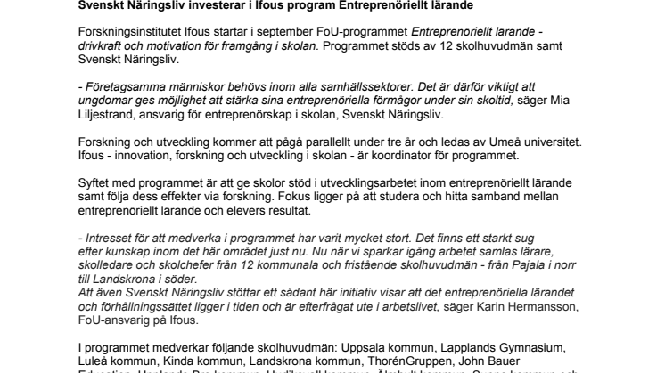 Svenskt Näringsliv investerar i Ifous program Entreprenöriellt lärande
