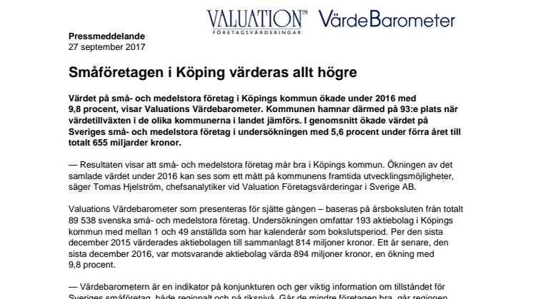 Värdebarometern 2017 Köpings kommun