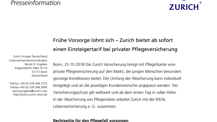 Frühe Vorsorge lohnt sich – Zurich bietet ab sofort einen Einsteigertarif bei privater Pflegeversicherung 