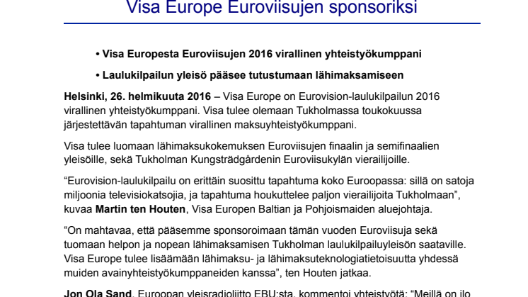 Visa Europe Euroviisujen sponsoriksi