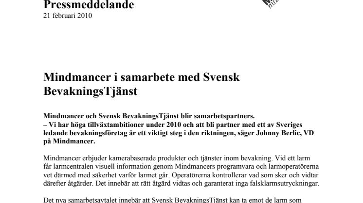 Mindmancer i samarbete med Svensk BevakningsTjänst