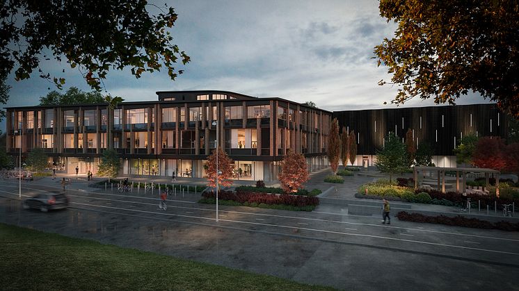 Visionsbild av nya Lundbyskolan som planeras stå färdig och tas i bruk 2024. Illustration: DOffice