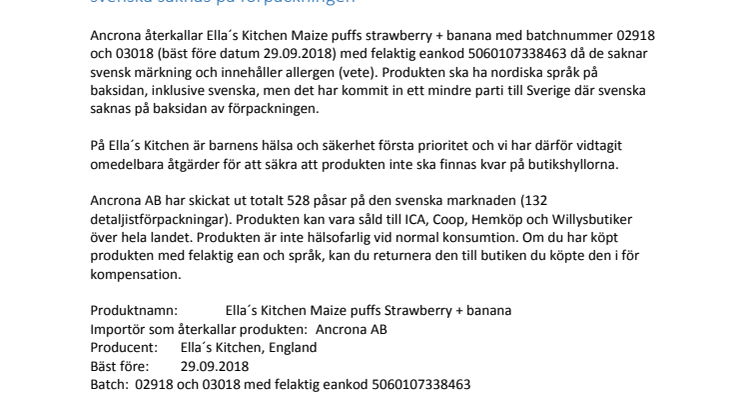 Ancrona återkallar Ella´s Kitchen Maize puffs Jordgubb + banan då svenska saknas på förpackningen
