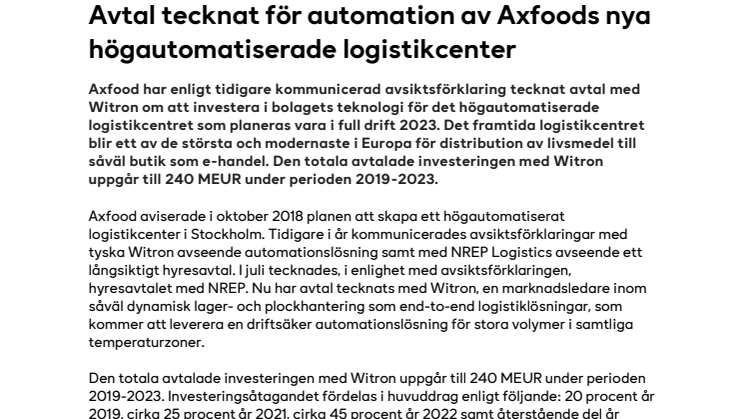 Avtal tecknat för automation av Axfoods nya högautomatiserade logistikcenter