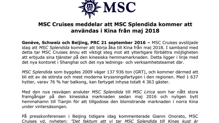 MSC Cruises meddelar att MSC Splendida kommer att användas i Kina från maj 2018 
