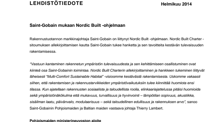 Saint-Gobain mukaan Nordic Built -ohjelmaan