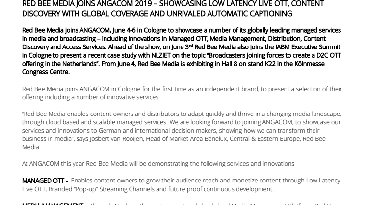 Red Bee Media Joins ANGA COM 2019 - Showcasing Low Latency Live OTT, Content Discovery with Global Coverage and Unrivaled Autoatic Captioning