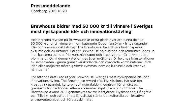 Brewhouse bidrar med 50 000 kr till vinnare i Sveriges mest nyskapande idé- och innovationstävling