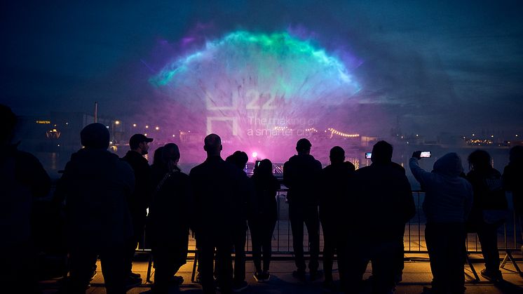 Crowds watch a water projection show at Ångfärjeparken in Helsingborg during H22 City Expo. 