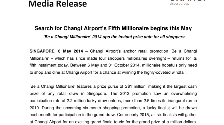 Search for Changi Airport’s Fifth Millionaire begins this May