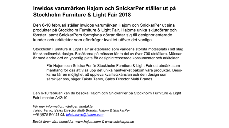 Inwidos varumärken Hajom och SnickarPer ställer ut på Stockholm Furniture & Light Fair 2018