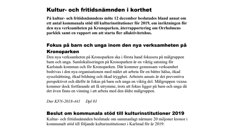 Kultur- och fritidsnämnden i korthet 12 december