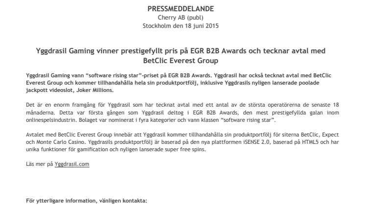 Yggdrasil Gaming vinner prestigefyllt pris på EGR B2B Awards och tecknar avtal med BetClic Everest Group