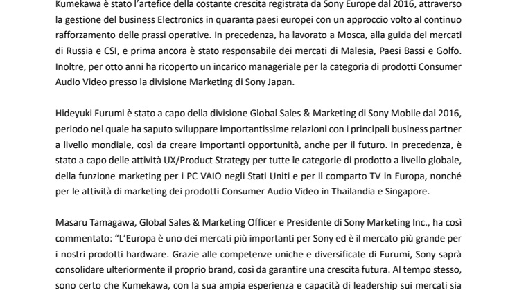 Nominato il nuovo Presidente di Sony Europe