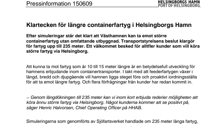 ​Klartecken för längre containerfartyg i Helsingborgs Hamn