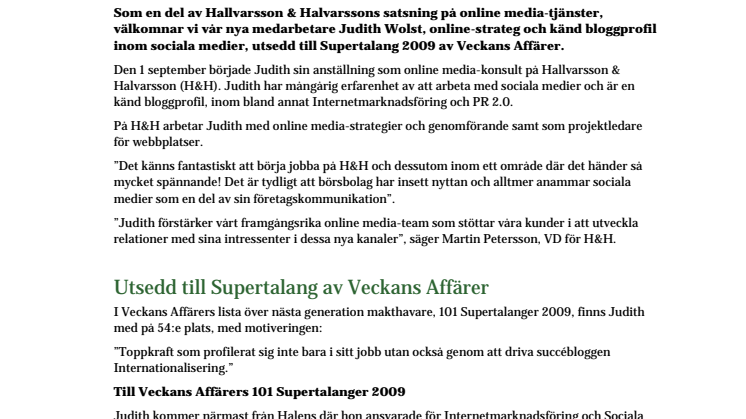 H&H välkomnar supertalangen Judith Wolst