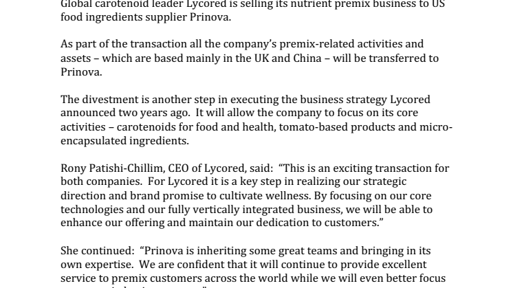 Lycored sells premix business to Prinova
