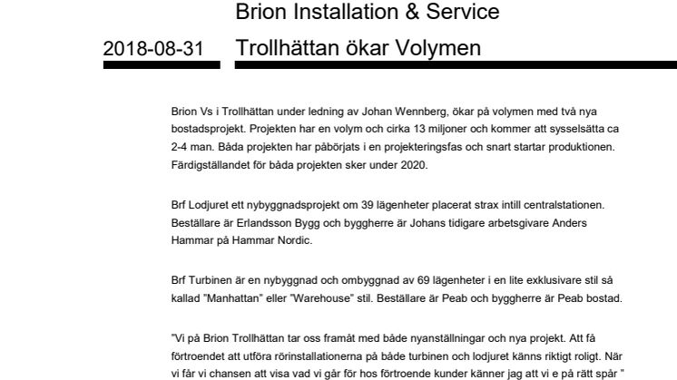 Brion Installation & Service Trollhättan ökar Volymen