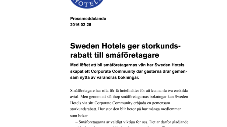Sweden Hotels ger storkundsrabatt till småföretagare