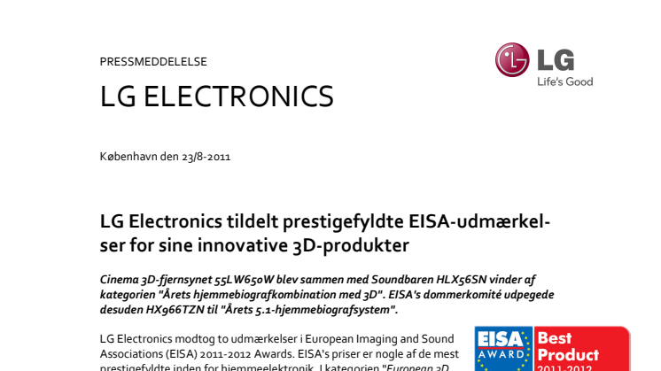 LG Electronics tildelt prestigefyldte EISA-udmærkelser for sine innovative 3D-produkter