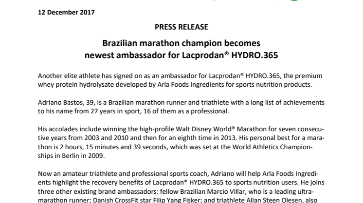 Brazilian marathon champion becomes newest ambassador for Lacprodan® HYDRO.365