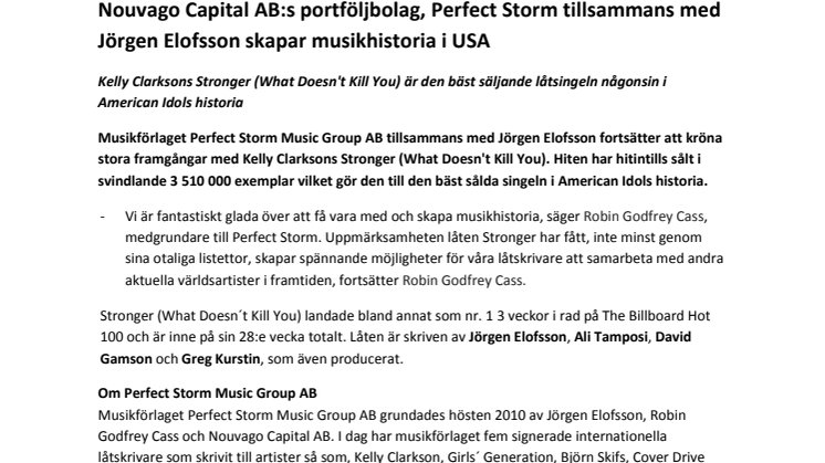 Nouvago Capital ABs portföljbolag Perfect Storm tillsammans med Jörgen Elofsson skapar musikhistoria i USA