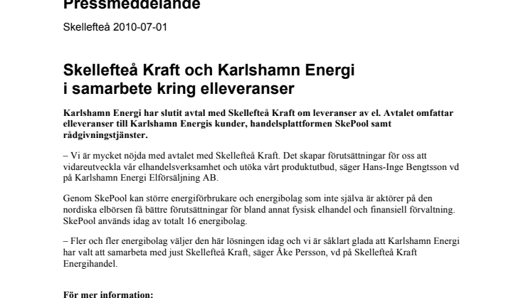 Skellefteå Kraft och Karlshamn Energi i samarbete kring elleveranser 