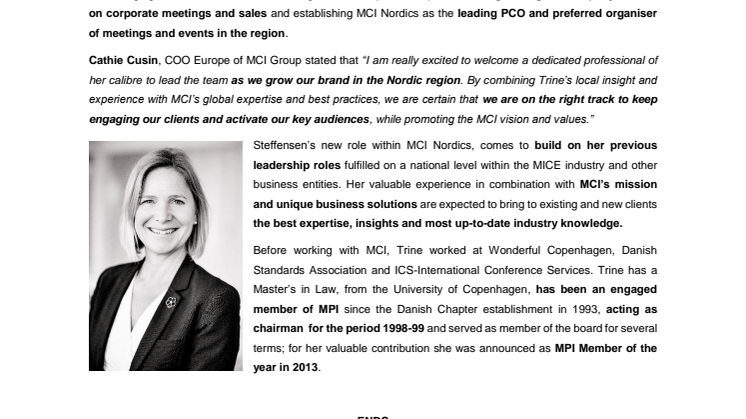 MCI NORDICS: CHANGES IN KEY MANAGEMENT POSITION  - TRINE STEFFENSEN NOMINATED MANAGING DIRECTOR AFTER  NEW COMPANY ACQUISITIONS