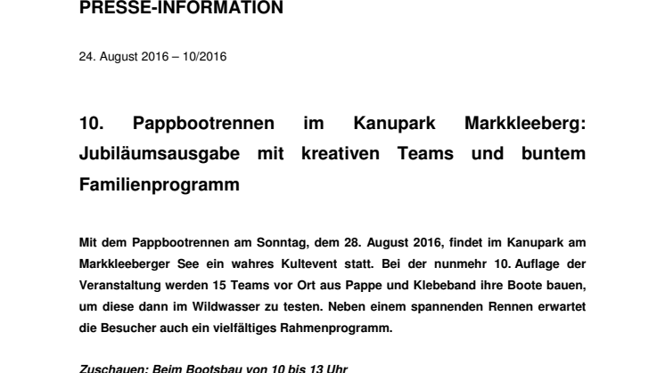 Pressemitteilung zum Programm des Pappbootrennens im Kanupark Markkleeberg