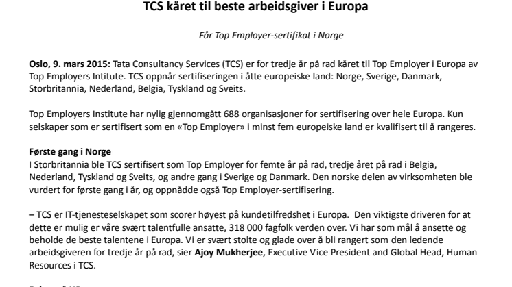 TCS kåret til beste arbeidsgiver i Europa