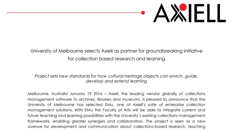 University of Melbourne selects Axiell as partner for groundbreaking initiative for collection based research and learning