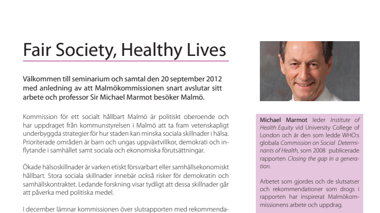 Inbjudan 20 september Michael Marmot och Malmökommissionen