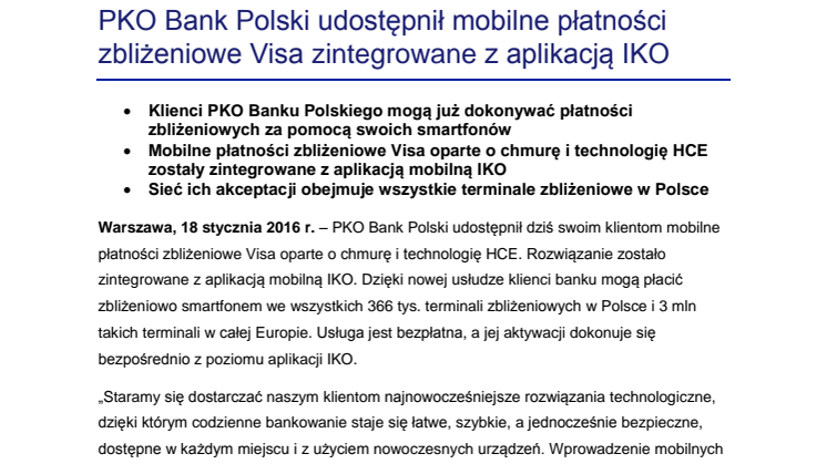 PKO Bank Polski udostępnił mobilne płatności zbliżeniowe Visa zintegrowane z aplikacją IKO