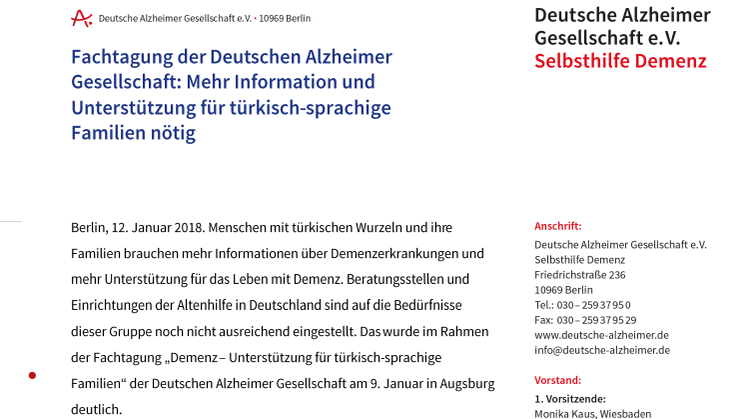 Fachtagung der Deutschen Alzheimer Gesellschaft: Mehr Information und Unterstützung für türkisch-sprachige Familien nötig