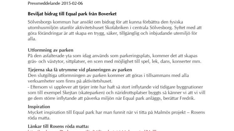 Beviljat bidrag till Equal park från Boverket