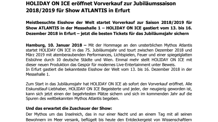 HOLIDAY ON ICE eröffnet Vorverkauf zur Jubiläumssaison 2018/2019 für Show ATLANTIS in Erfurt