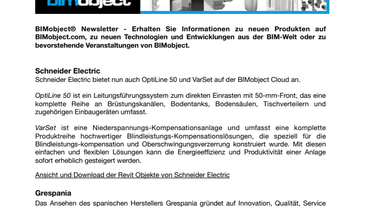 BIMobject® Newsletter - Schneider Electric, Grespania, Saval