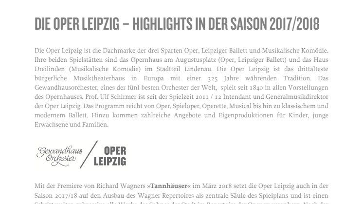 Pressemitteilung: Die Oper Leipzig - Highlights in der Saison 2017/2018
