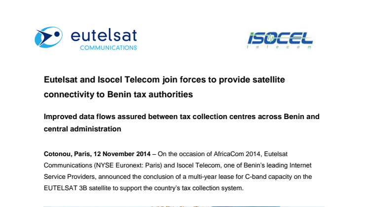 Eutelsat and Isocel Telecom join forces to provide satellite connectivity to Benin tax authorities 