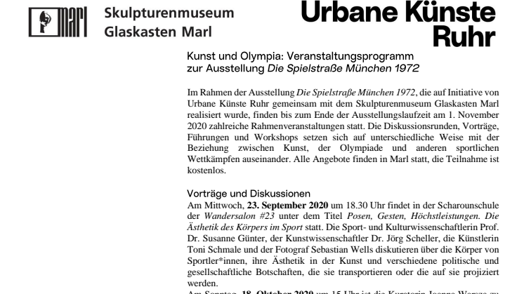 Kunst und Olympia: Veranstaltungsprogramm zur Ausstellung "Die Spielstraße München 1972"