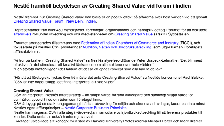 Nestlé framhöll betydelsen av Creating Shared Value vid globalt Forum i Indien