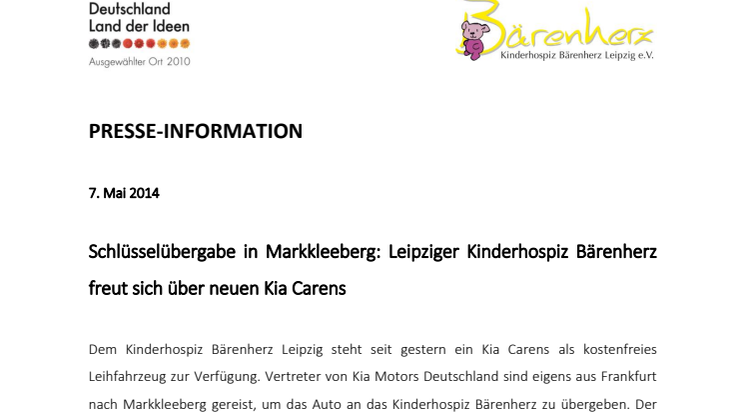 Schlüsselübergabe in Markkleeberg: Leipziger Kinderhospiz Bärenherz freut sich über neuen Kia Carens 