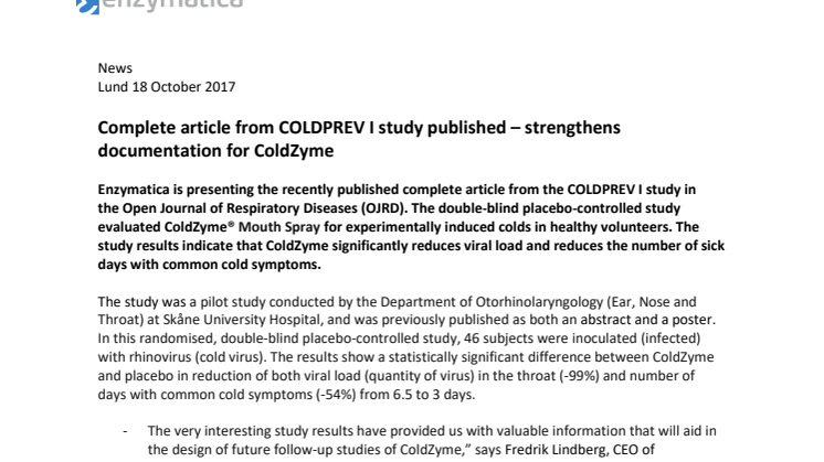 Complete article from COLDPREV I study published – strengthens documentation for ColdZyme