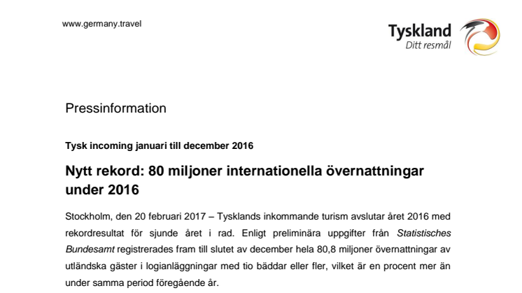 Tysklandsturismen sätter nytt rekord: 80 miljoner internationella övernattningar 2016