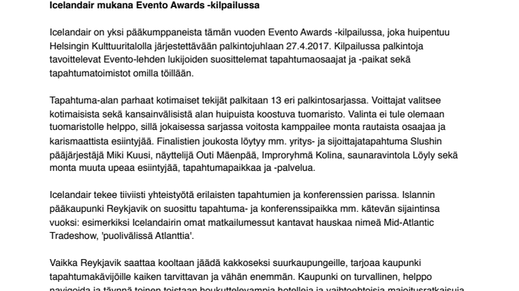 Icelandair mukana Evento Awards -kilpailussa