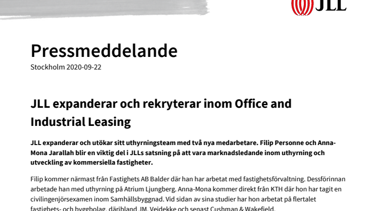 JLL expanderar och rekryterar inom Office and Industrial Leasing