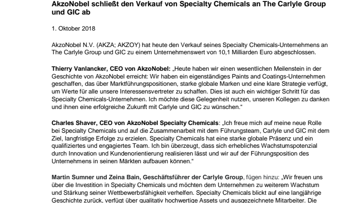AkzoNobel schließt den Verkauf von Specialty Chemicals an The Carlyle Group und GIC ab