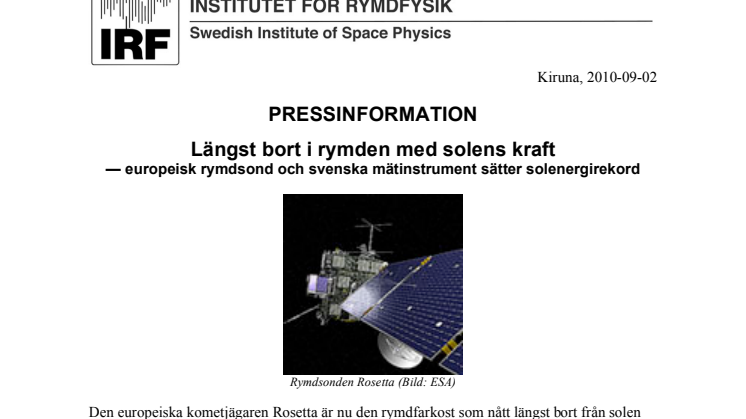 Längst bort i rymden med solens kraft -- europeisk rymdsond och svenska mätinstrument sätter solenergirekord